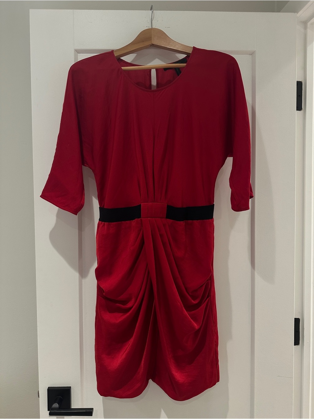 BCBGMaxAzria Red Draped Midi Dress with Black Waistband